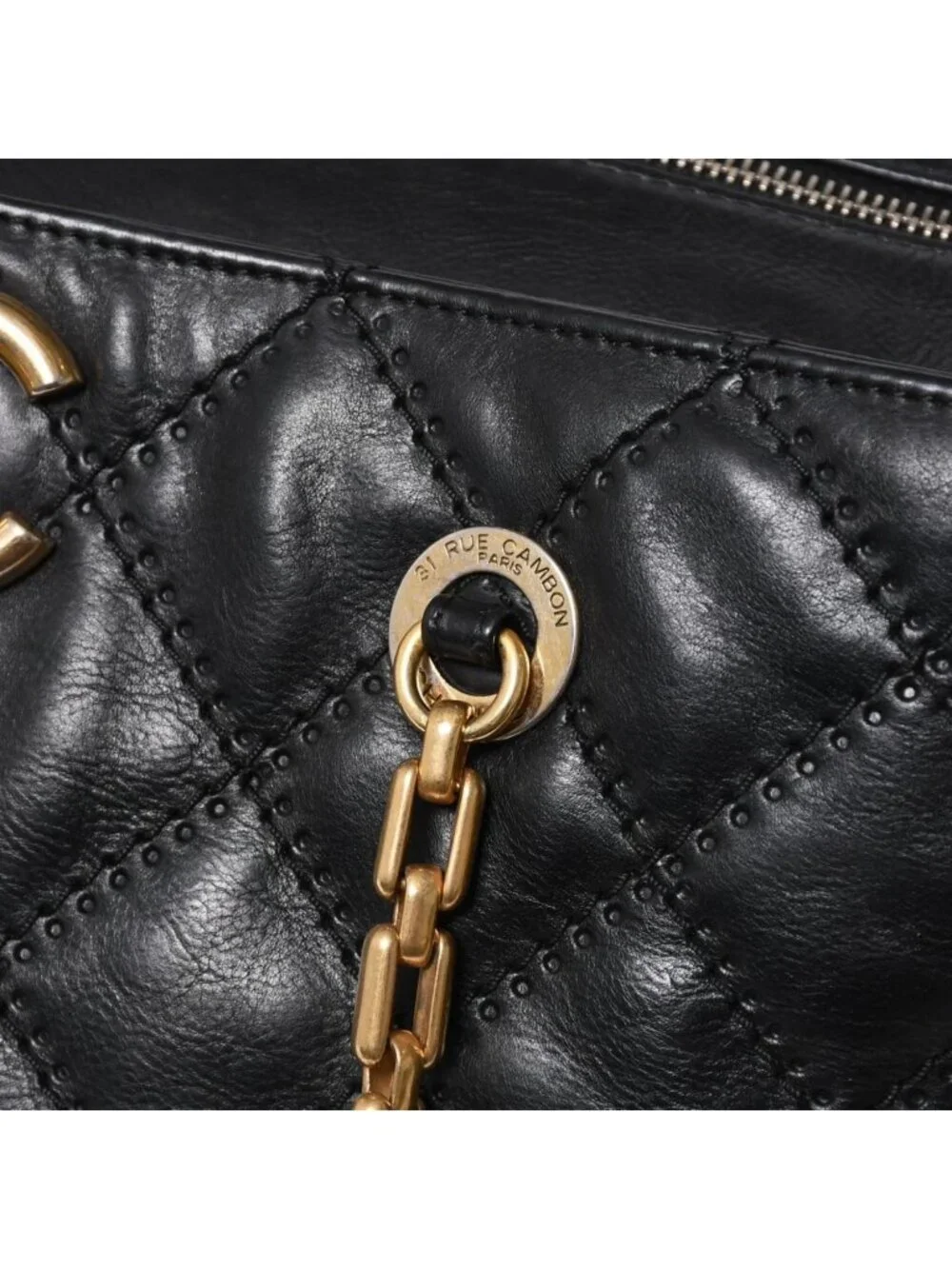Chanel Chain Tote Bag CC Logo Quilted Leather Black Gold